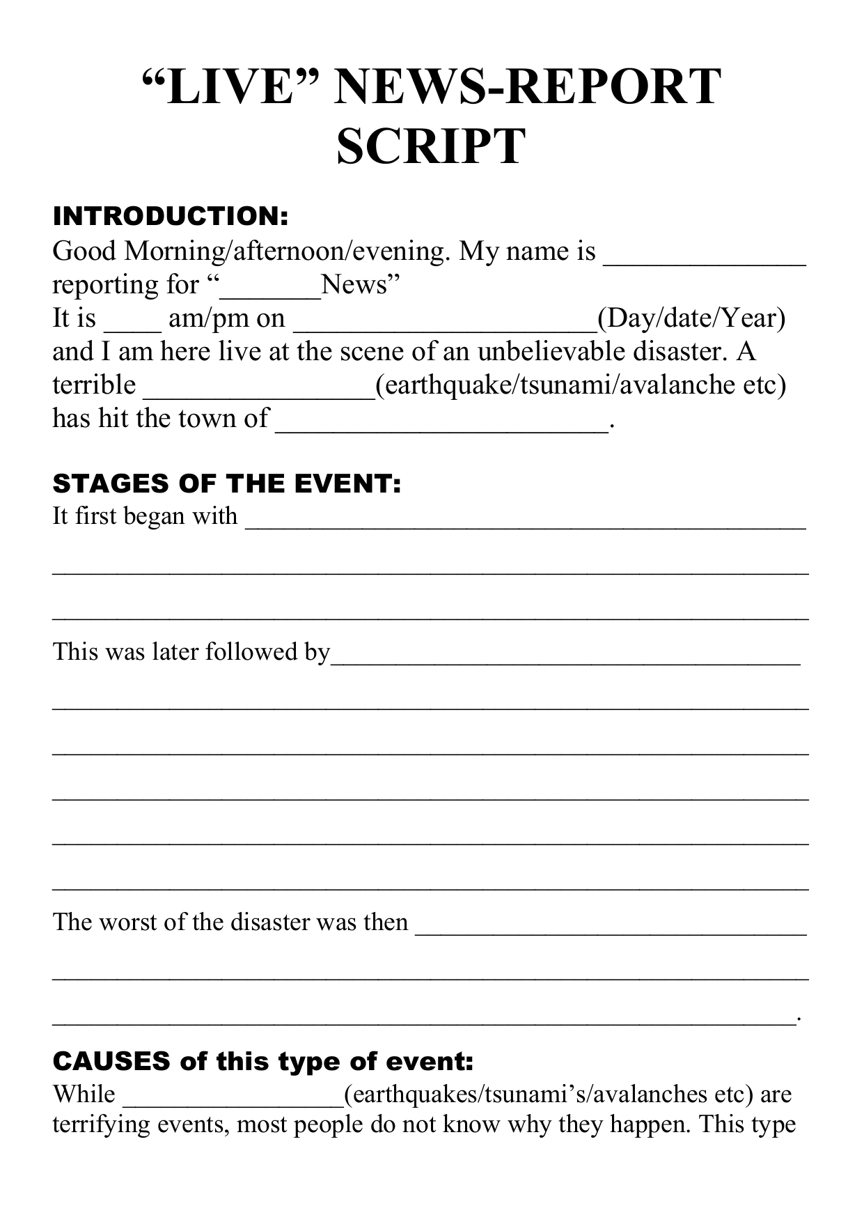 Natural Disaster – Live Newsreport Script Template Throughout News Report Template