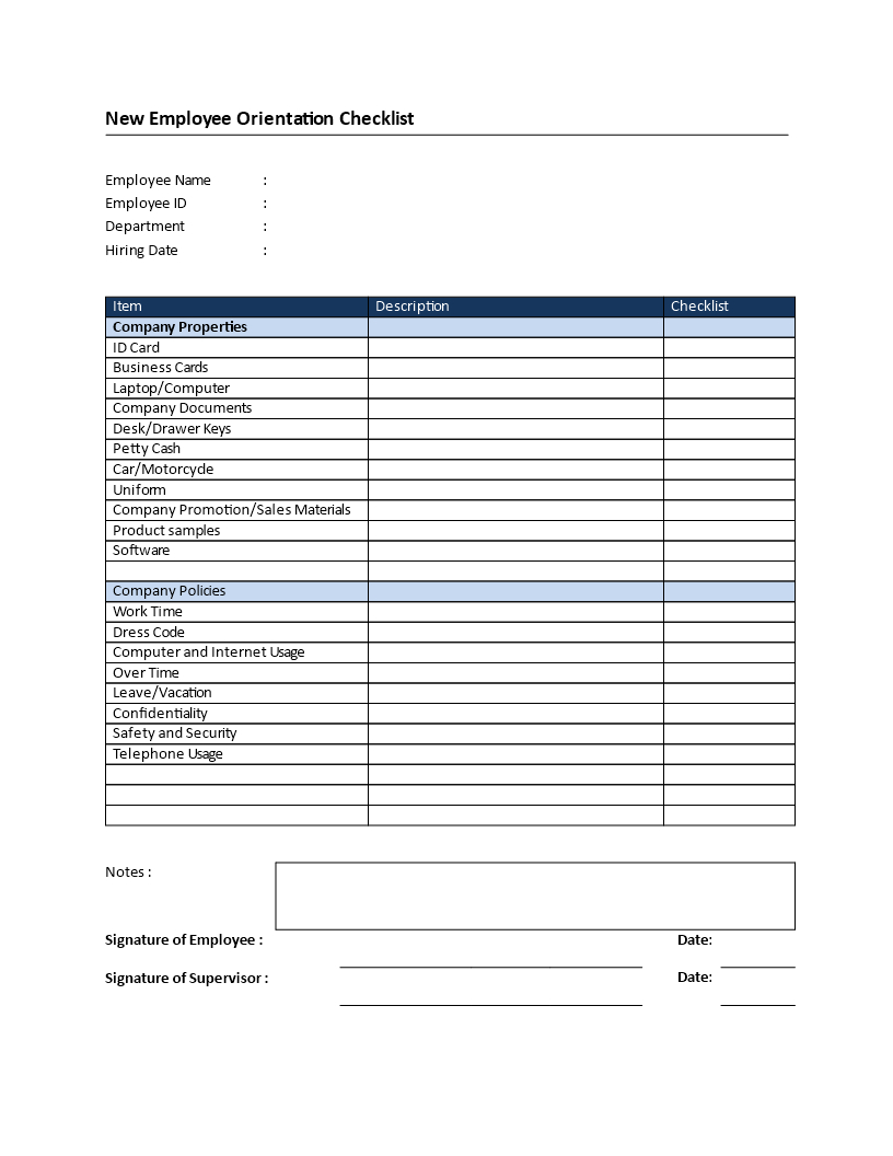 New Employee Orientation Checklist | Templates At Throughout New Employee Checklist Templates