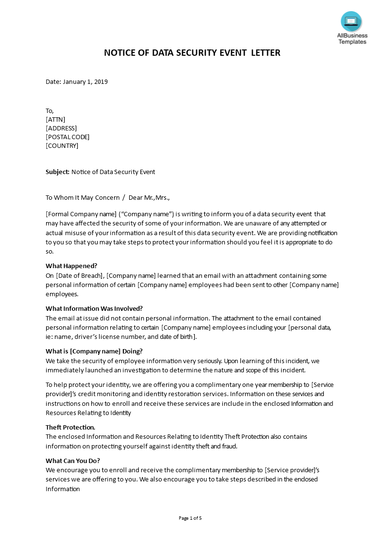 Notice Of Data Security Event Letter Template | Templates At Intended For Letter Of Credit Draft Template