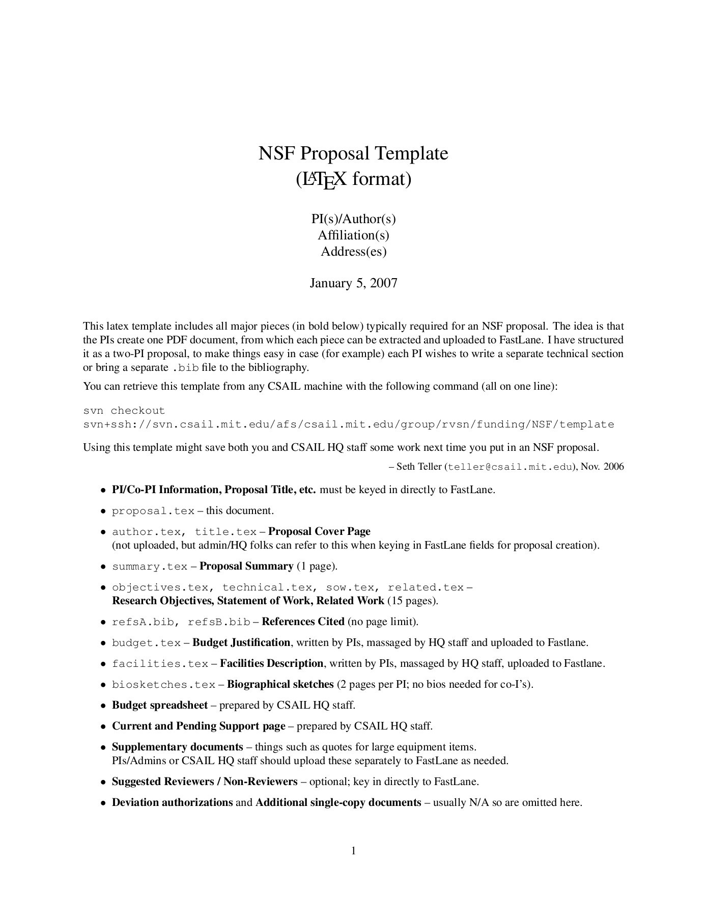 Nsf Proposal Template (Latex Format) January 5, 2007 Pages 1 With Nsf Proposal Template