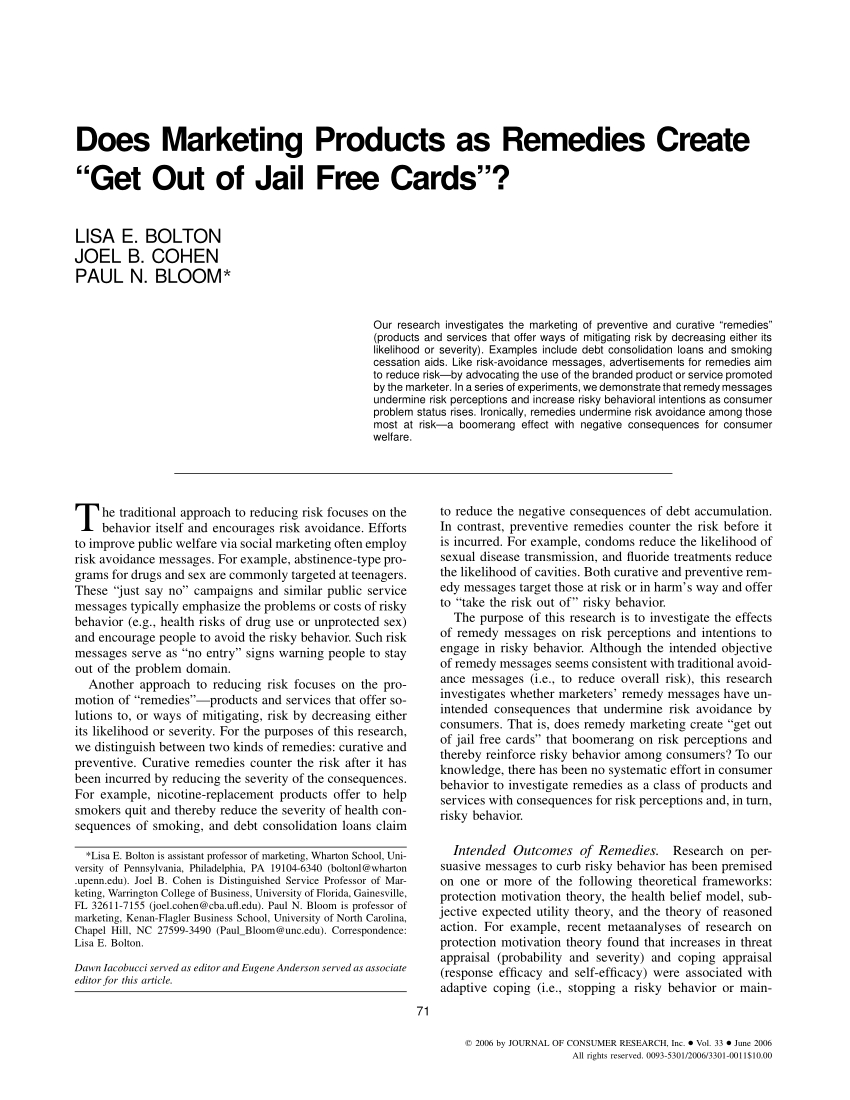 Pdf) Does Marketing Products As Remedies Create "get Out Of With Regard To Get Out Of Jail Free Card Template