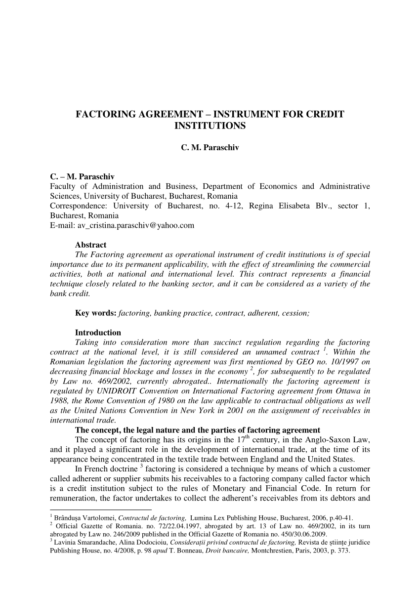 Pdf) Factoring Agreement – Instrument For Credit Institutions Intended For Invoice Discounting Agreement Template
