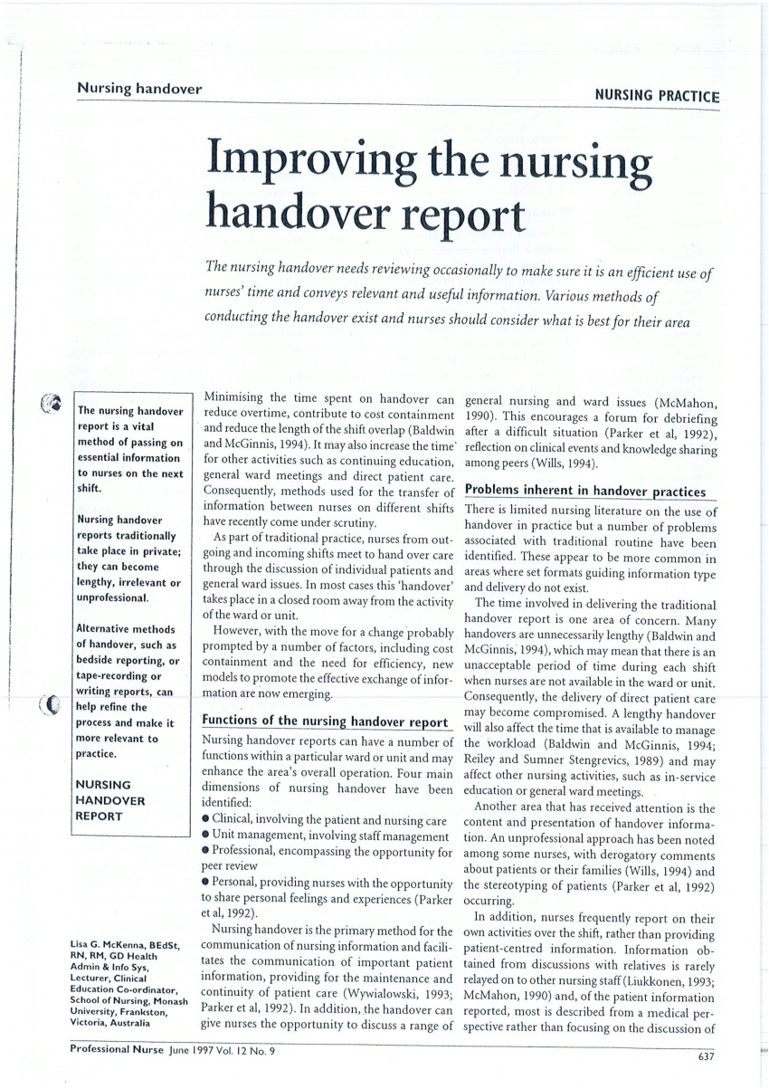 Pdf) Improving The Nursing Handover Report Inside Nursing Shift Report Template