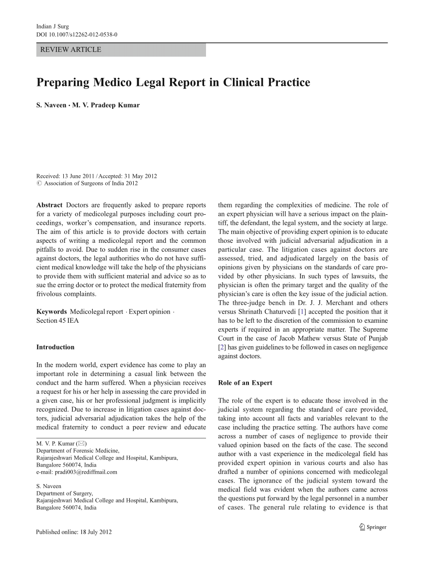 Pdf) Preparing Medico Legal Report In Clinical Practice In Medical Legal Report Template