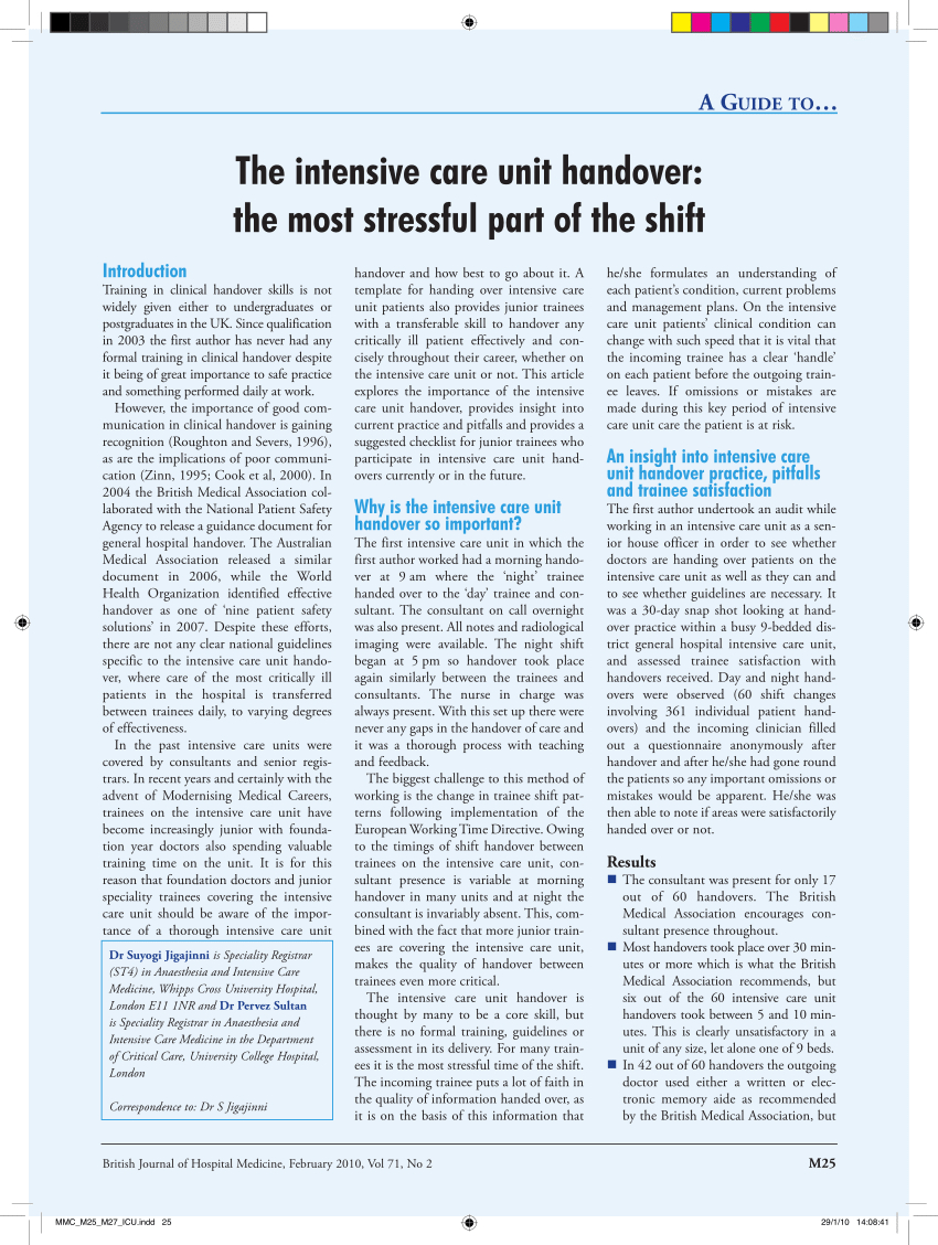 Pdf) The Intensive Care Unit Handover: The Most Stressful For Icu Report Template