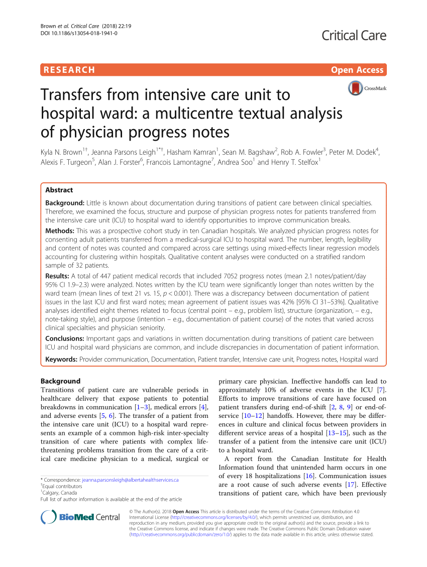 Pdf) Transfers From Intensive Care Unit To Hospital Ward: A For Icu Progress Note Template