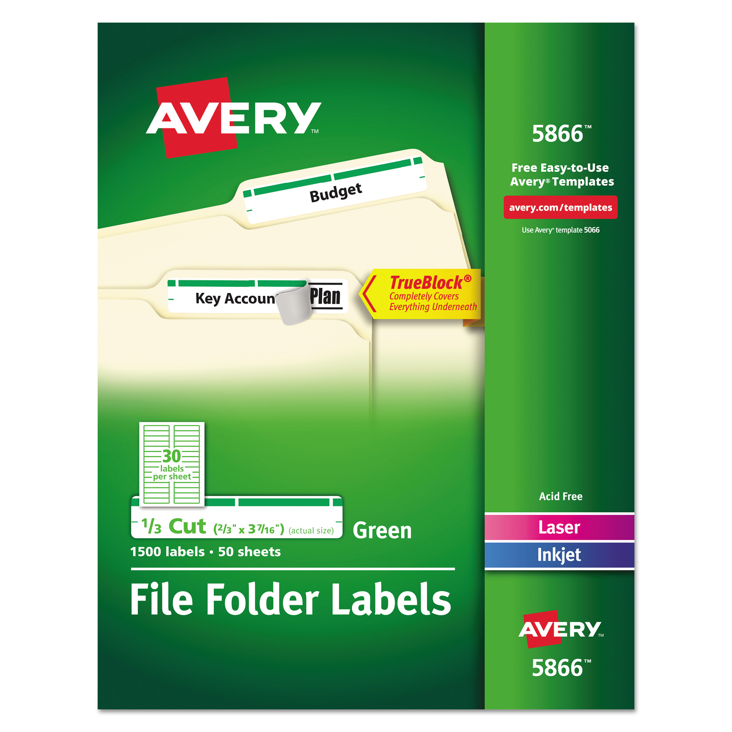 Permanent File Folder Labels, Trueblock, Inkjet/laser, Green intended