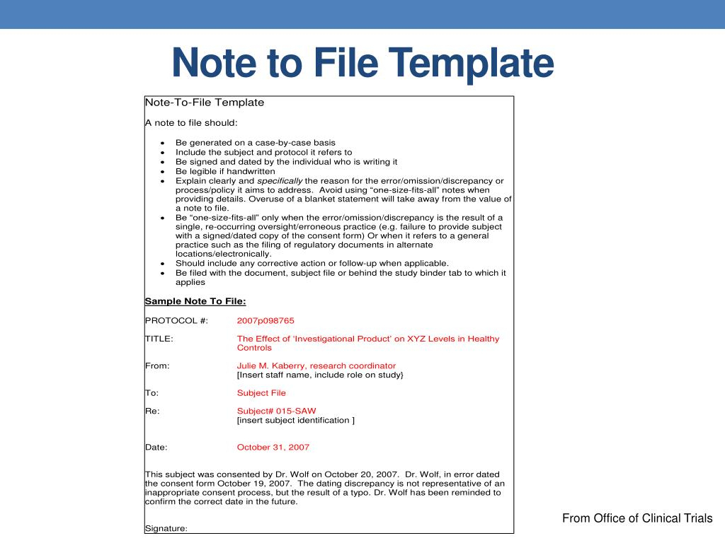 Ppt – Orientation For New Clinical Research Personnel Module Regarding Note To File Template