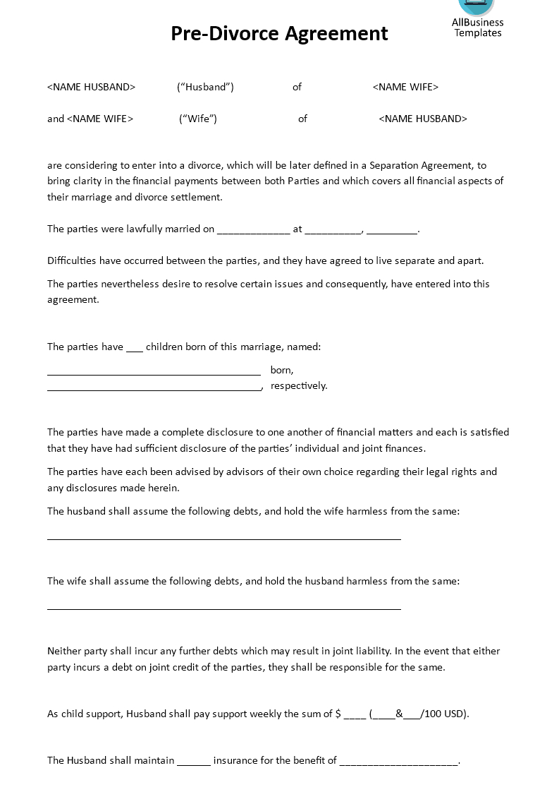 Pre Divorce Agreement | Templates At Allbusinesstemplates In Marital Settlement Agreement Template