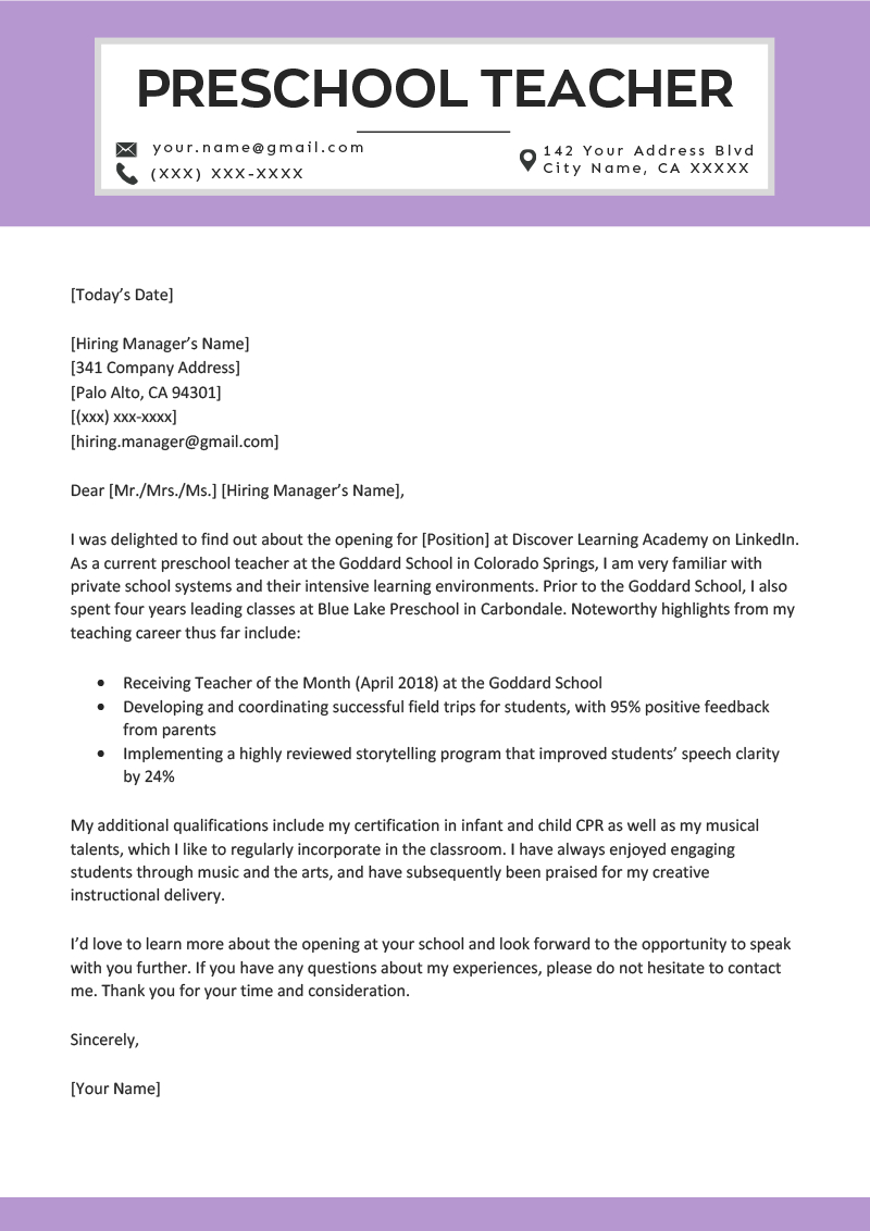 Preschool Teacher Cover Letter Example & Writing Tips Within Letter I Template For Preschool