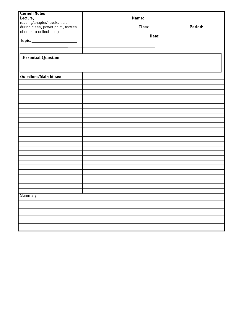 Printable Cornell Notes | Templates At Allbusinesstemplates With Novel Notes Template