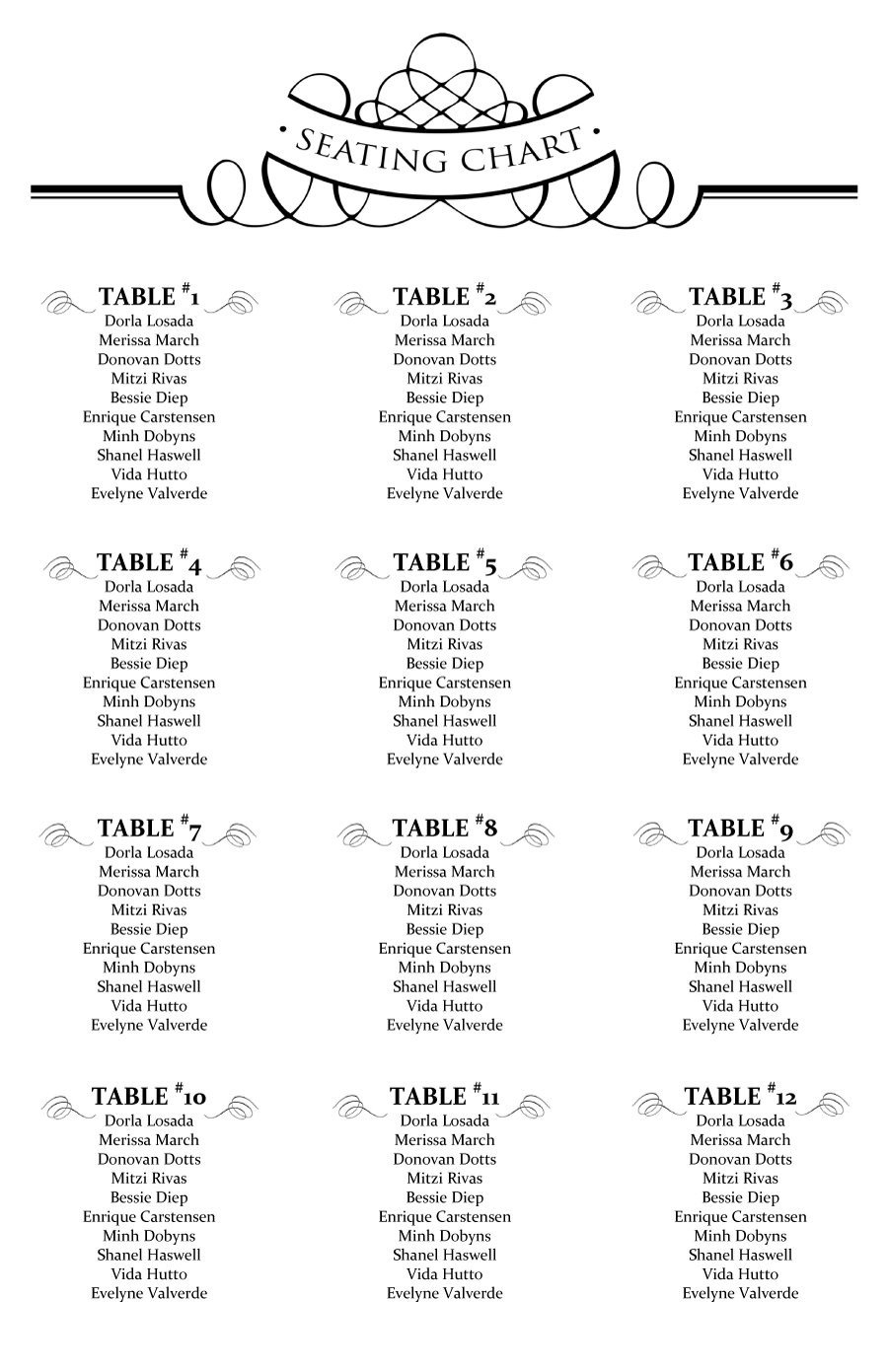 Printable Wedding Seating Chart Template – Pogot Within Menu Chart Template