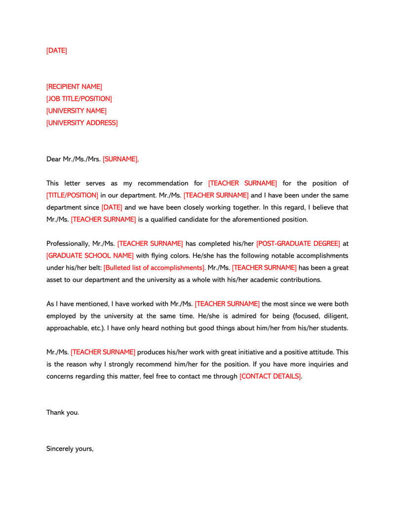 Recommendation Letter For A Teacher (32+ Sample Letters In Letter Of Recomendation Template