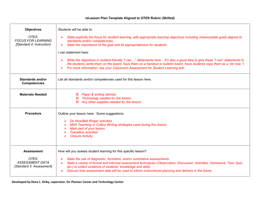 Recommended Lesson Plan Template Aligned To Otes With Regard To Learning Focused Lesson Plan Template