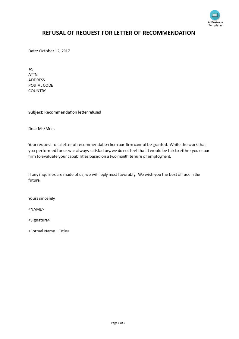 Refusal Of Request For Letter Of Recommendation In Letter Of Recommendation Request Template