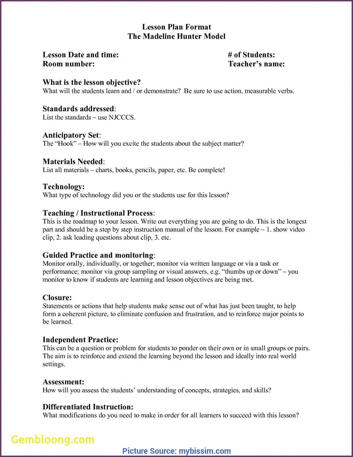 Regular Madeline Hunter Lesson Plan Format Example Elegant 5 Intended For Madeline Hunter Lesson Plan Template Blank