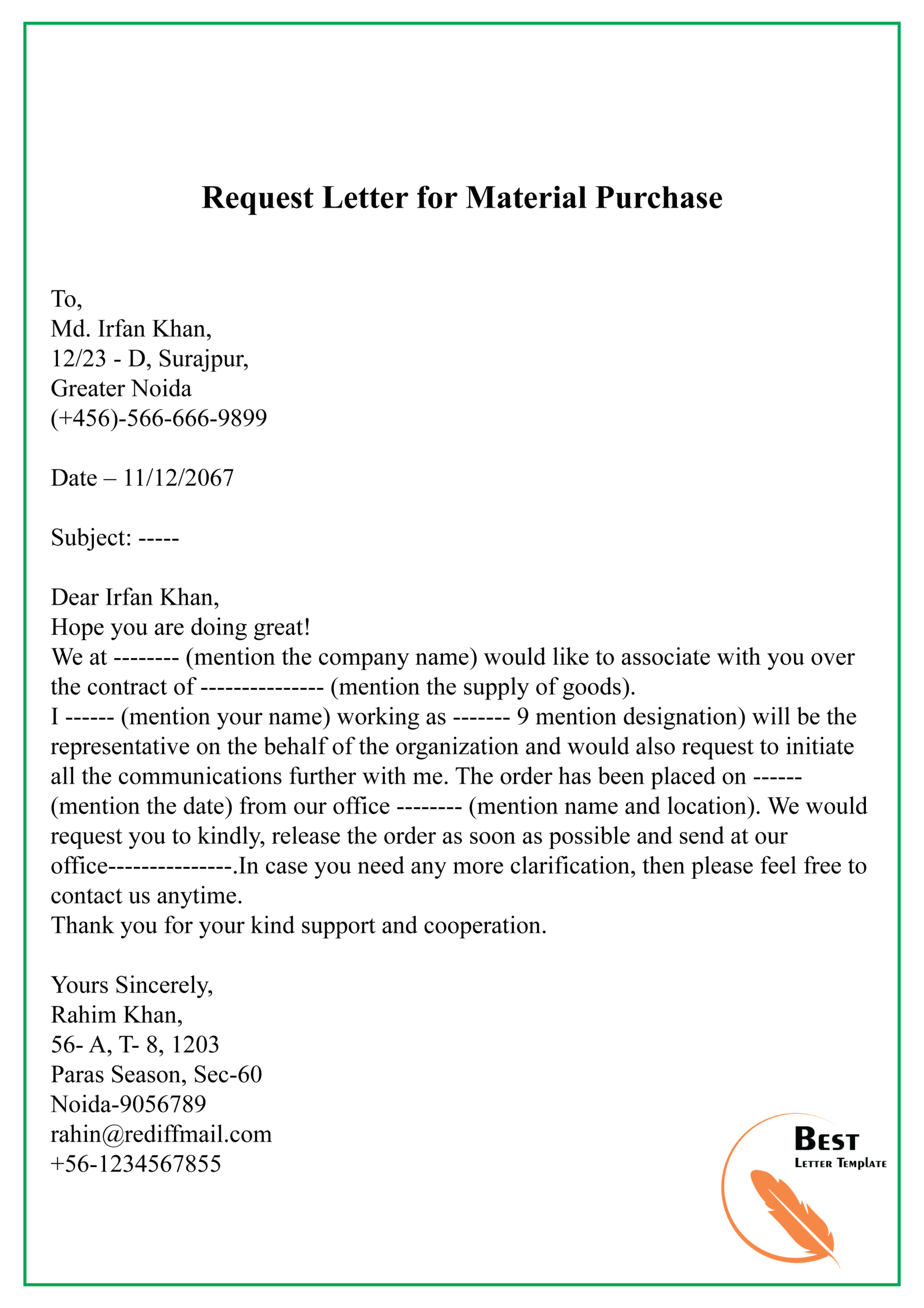 Request Letter For Material Purchase 01 | Best Letter Template Throughout Material Letters Template
