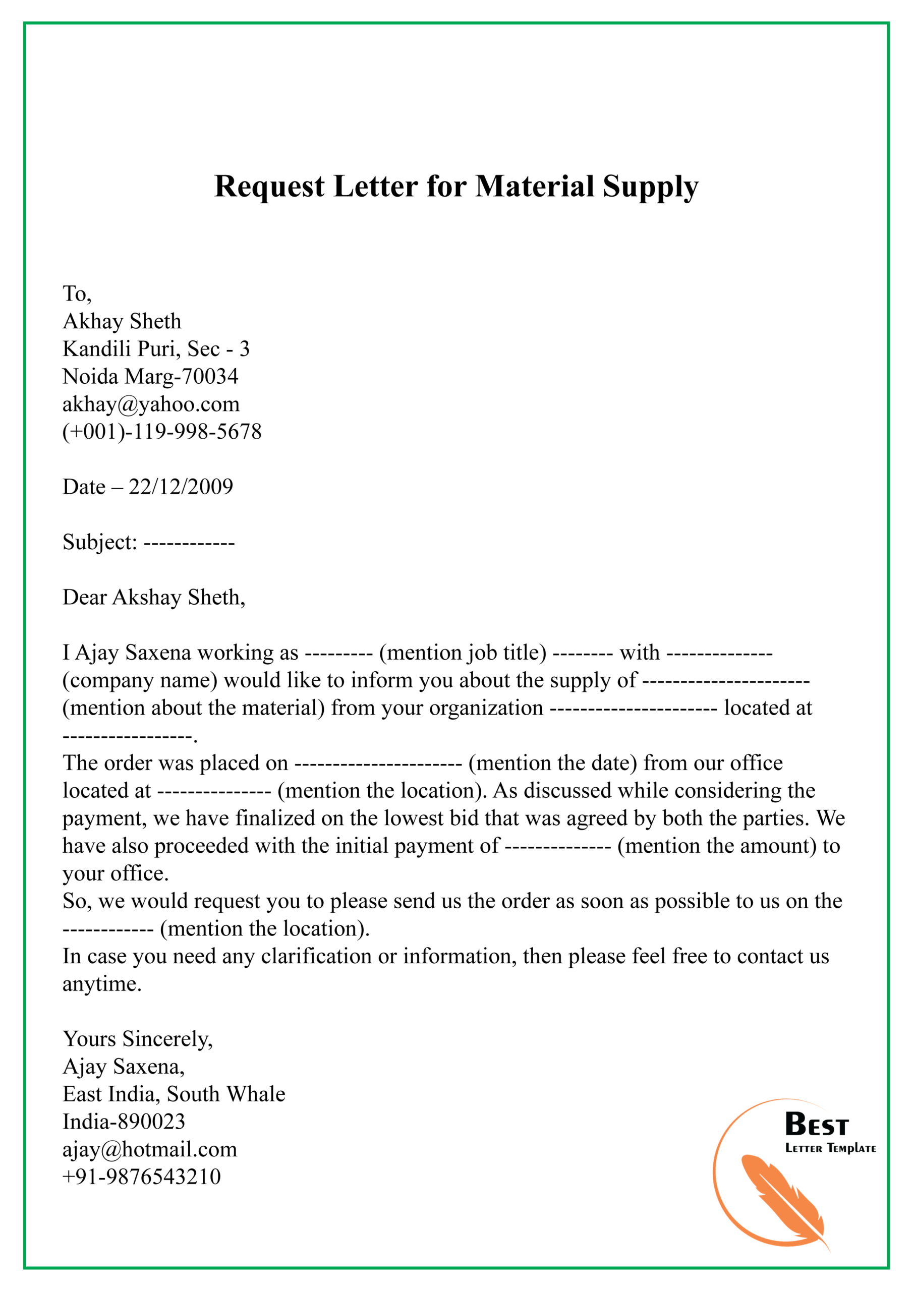 Request Letter For Material Supply 01 | Best Letter Template Pertaining To Material Letters Template