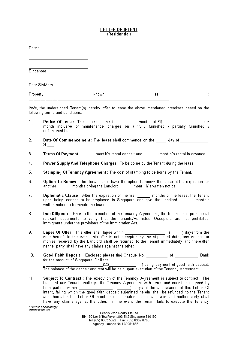 Residential Real Estate Letter Of Intent | Templates At Inside Letter Of Intent For Real Estate Purchase Template