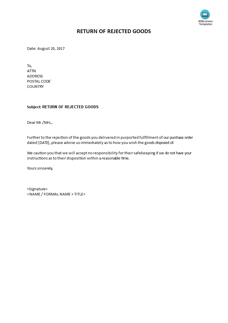 Return Rejected Goods Letter | Templates At Throughout Letter Of Instruction Template