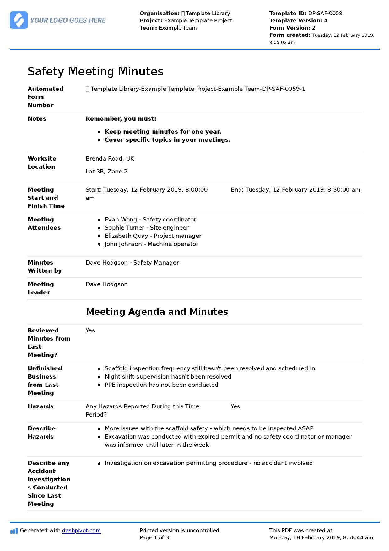 Safety Meeting Minutes Template - Colona.rsd7 Throughout Minutes Of The Meeting Template