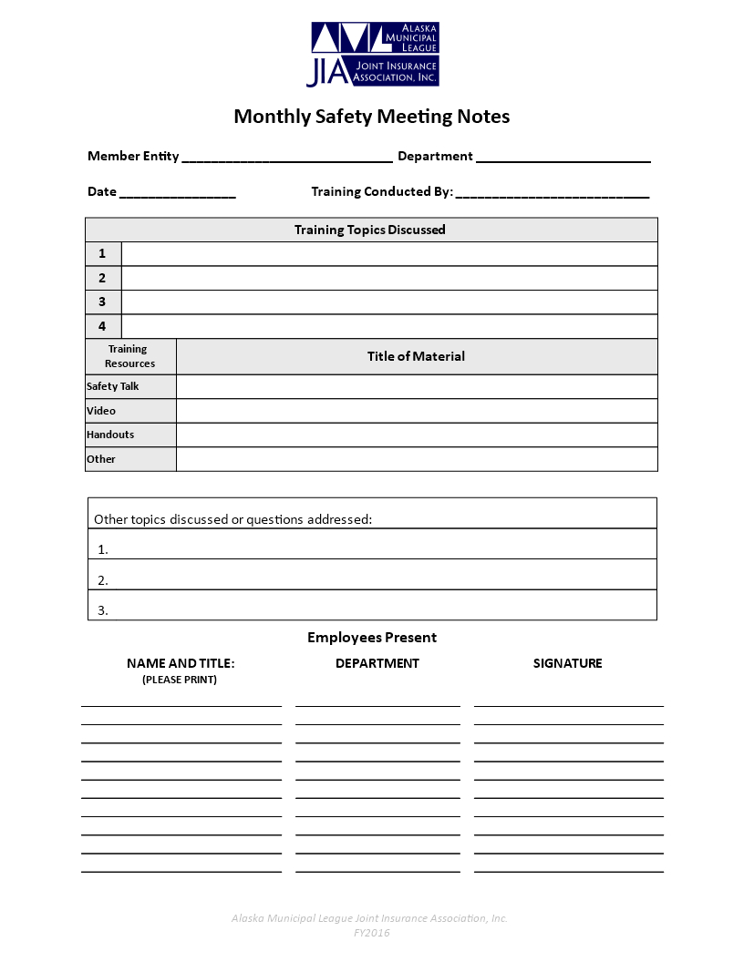 Safety Meeting Notes | Templates At Allbusinesstemplates With Monthly Safety Meeting Template
