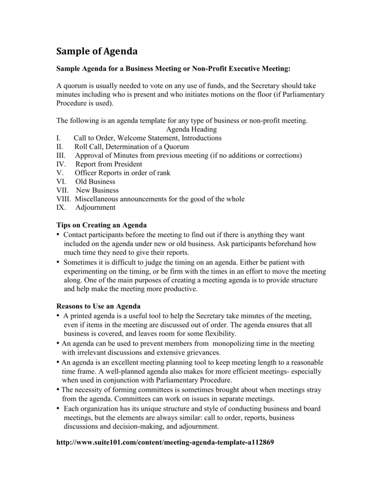 Sample Agendas And Minutes For Non Profit Board Meeting Agenda Template