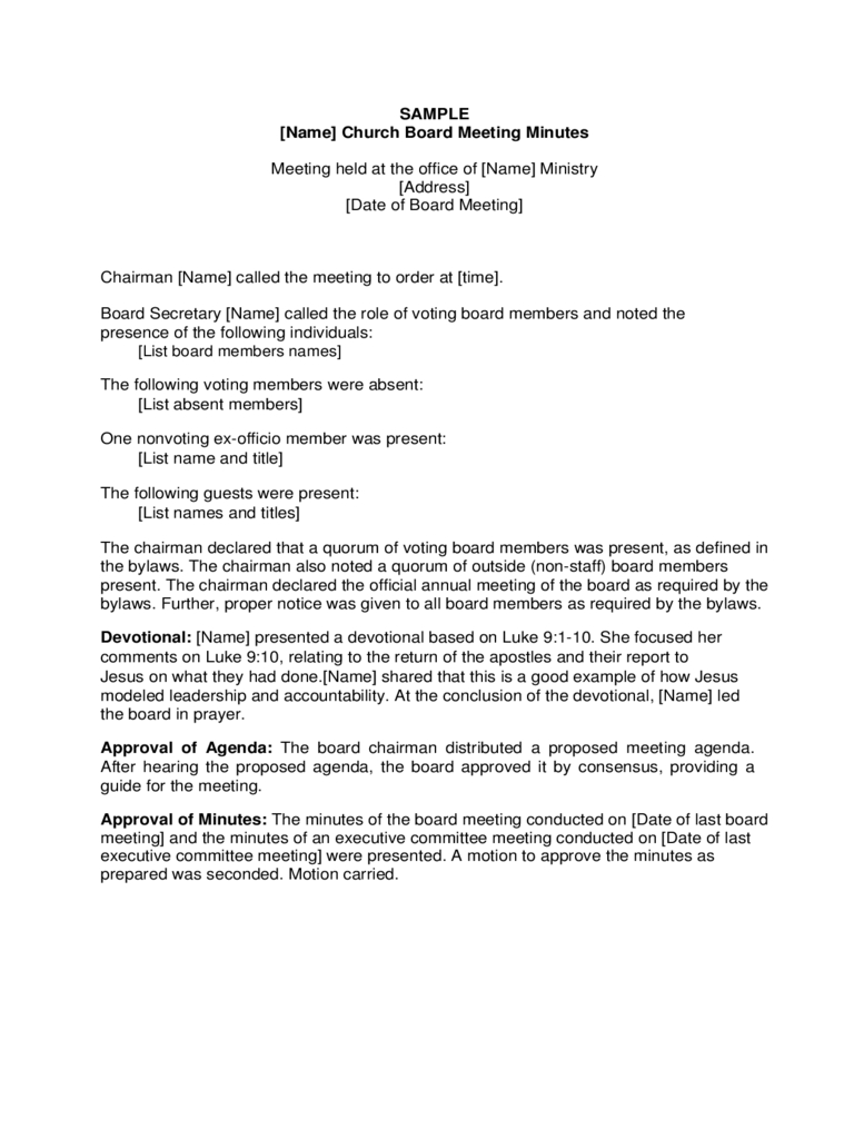 Sample Church Board Meeting Minutes Free Download Throughout Ministry Proposal Template