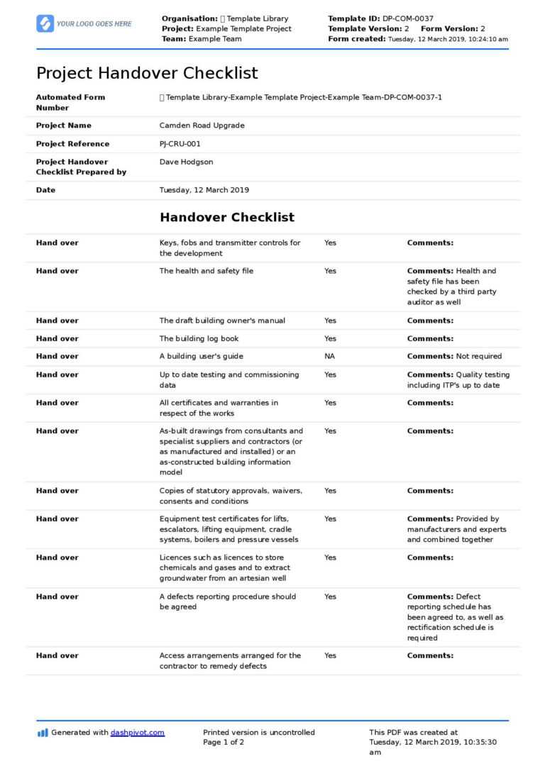 Sample Handover Checklist Colona Rsd Within Handover Certificate Template Best Template Ideas