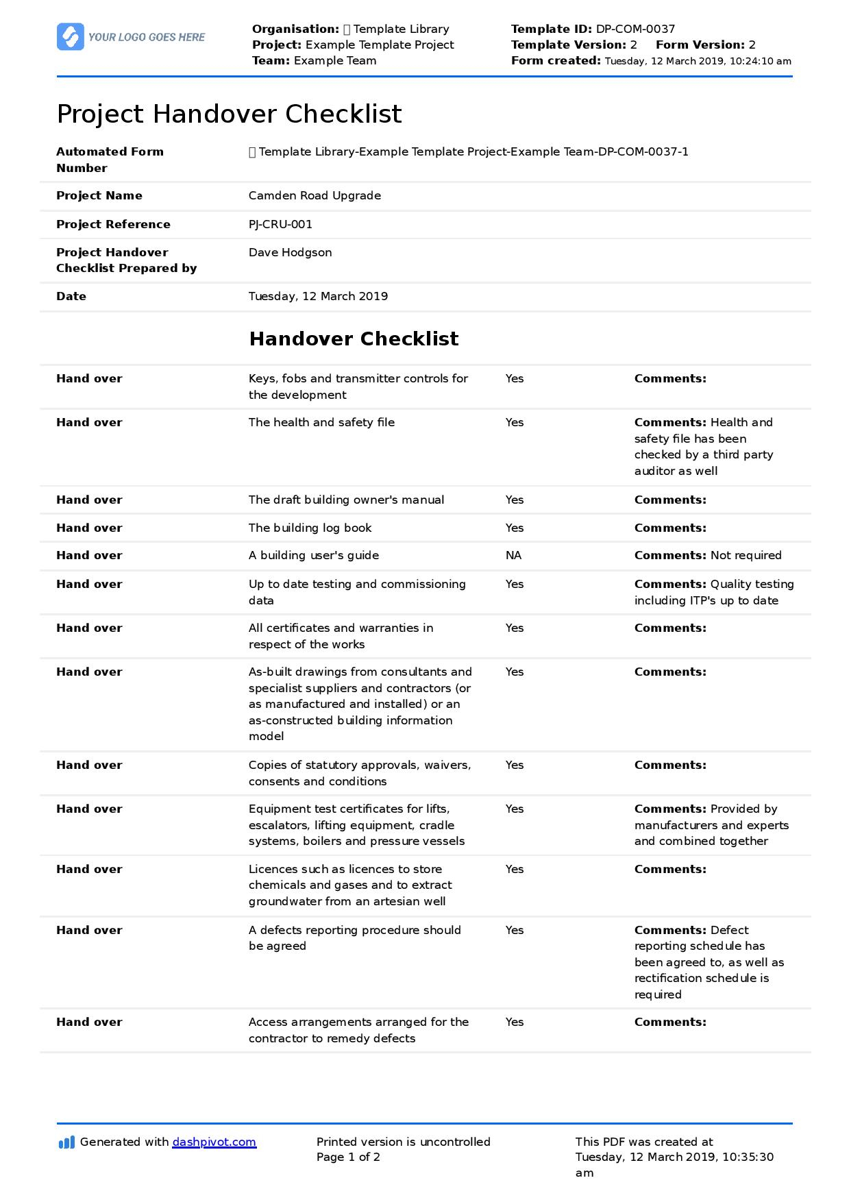 Sample Handover Checklist - Colona.rsd7 Within Handover Certificate Template