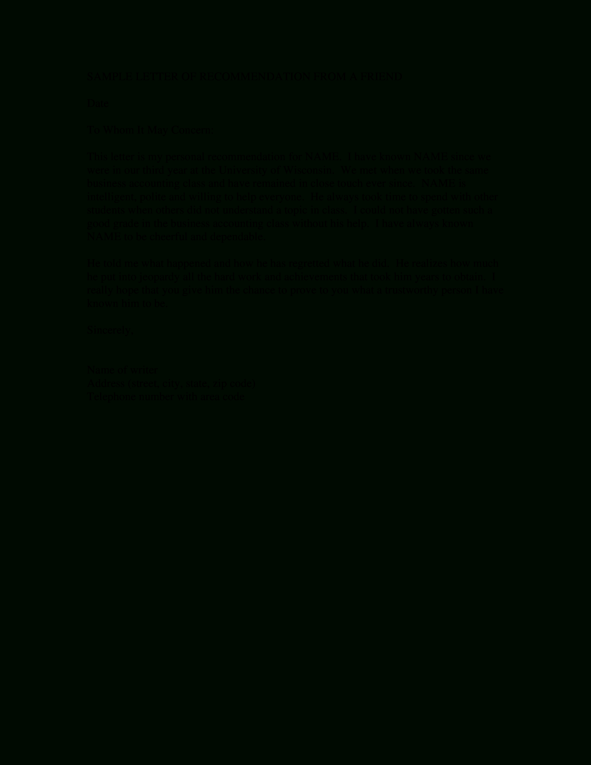 Sample Recommendation Letter From A Friend | Templates At In Letter Of Recommendation For A Friend Template