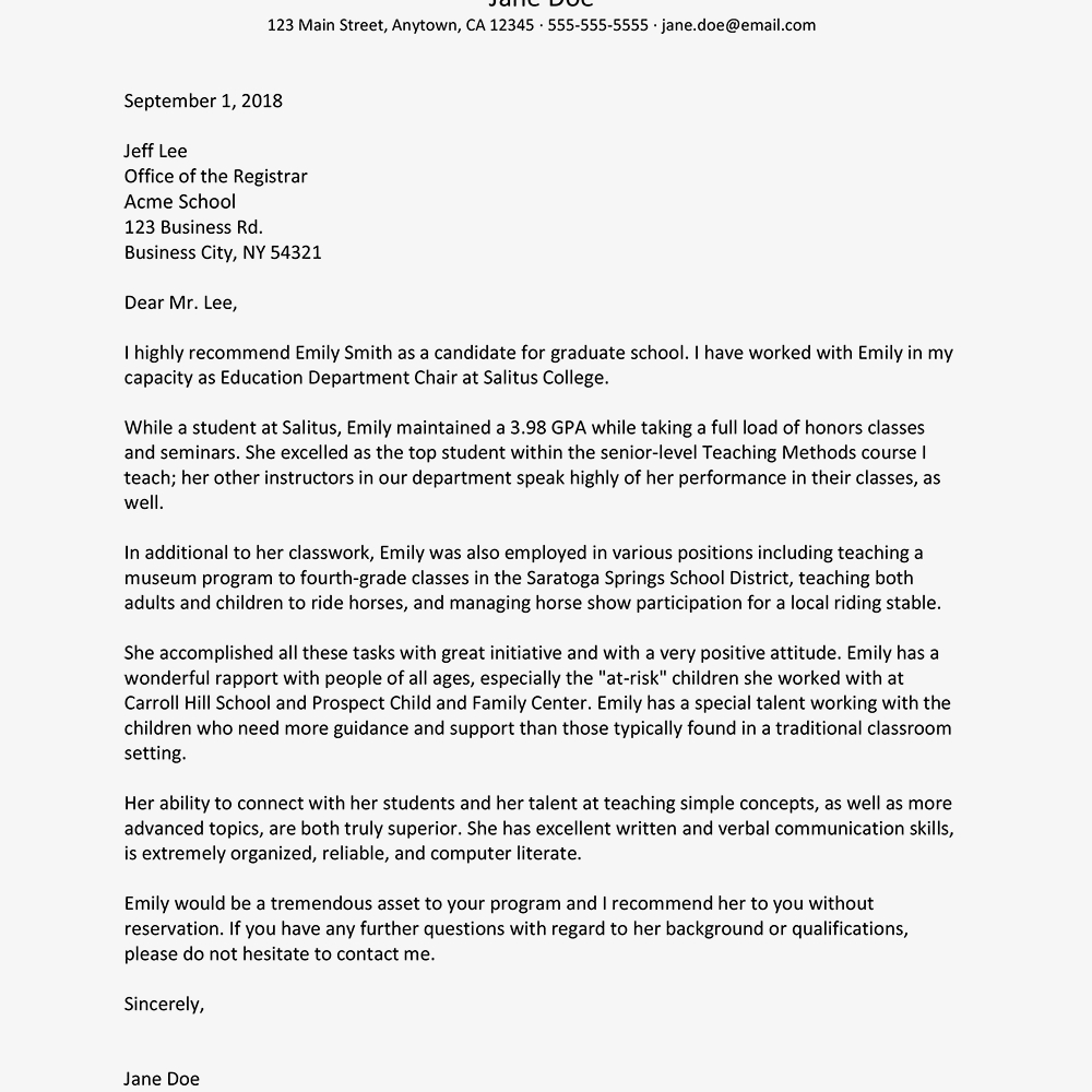 Sample Reference Letter For Graduate School Throughout Letter Of Recommendation For Graduate School Template