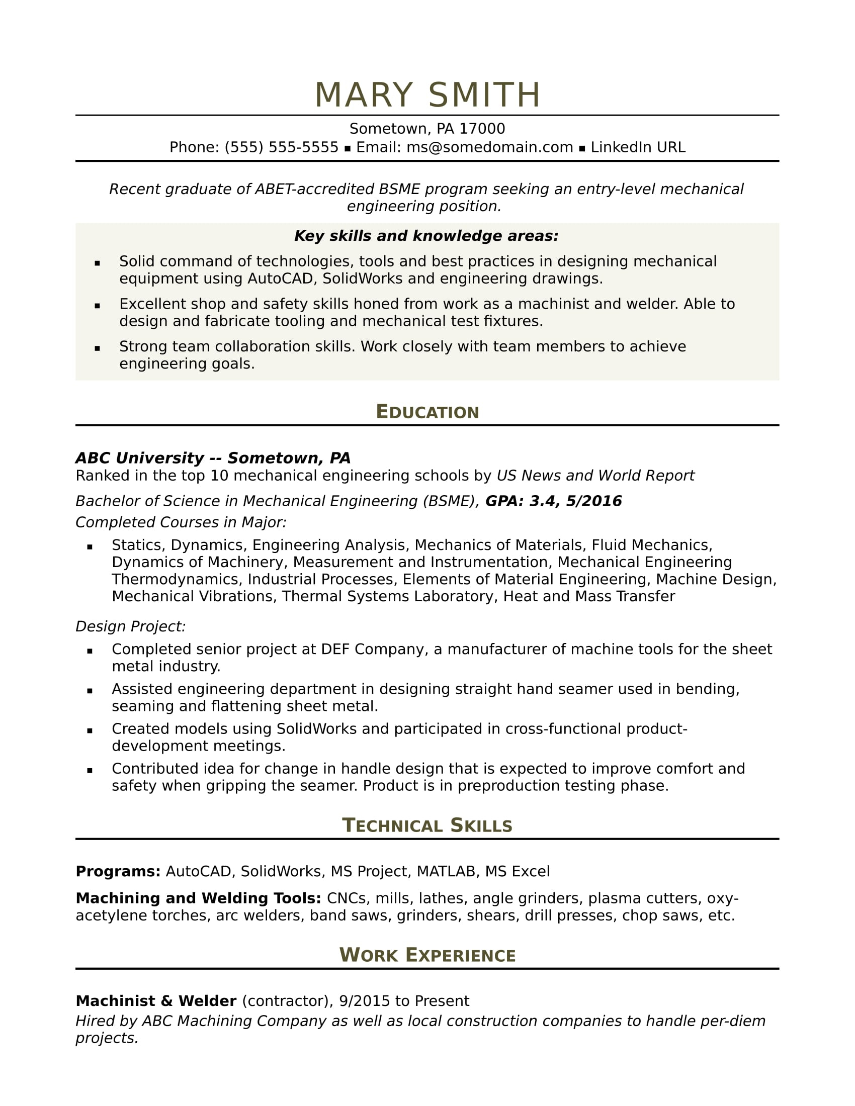 Sample Resume For An Entry Level Mechanical Engineer Pertaining To Mechanic Job Card Template