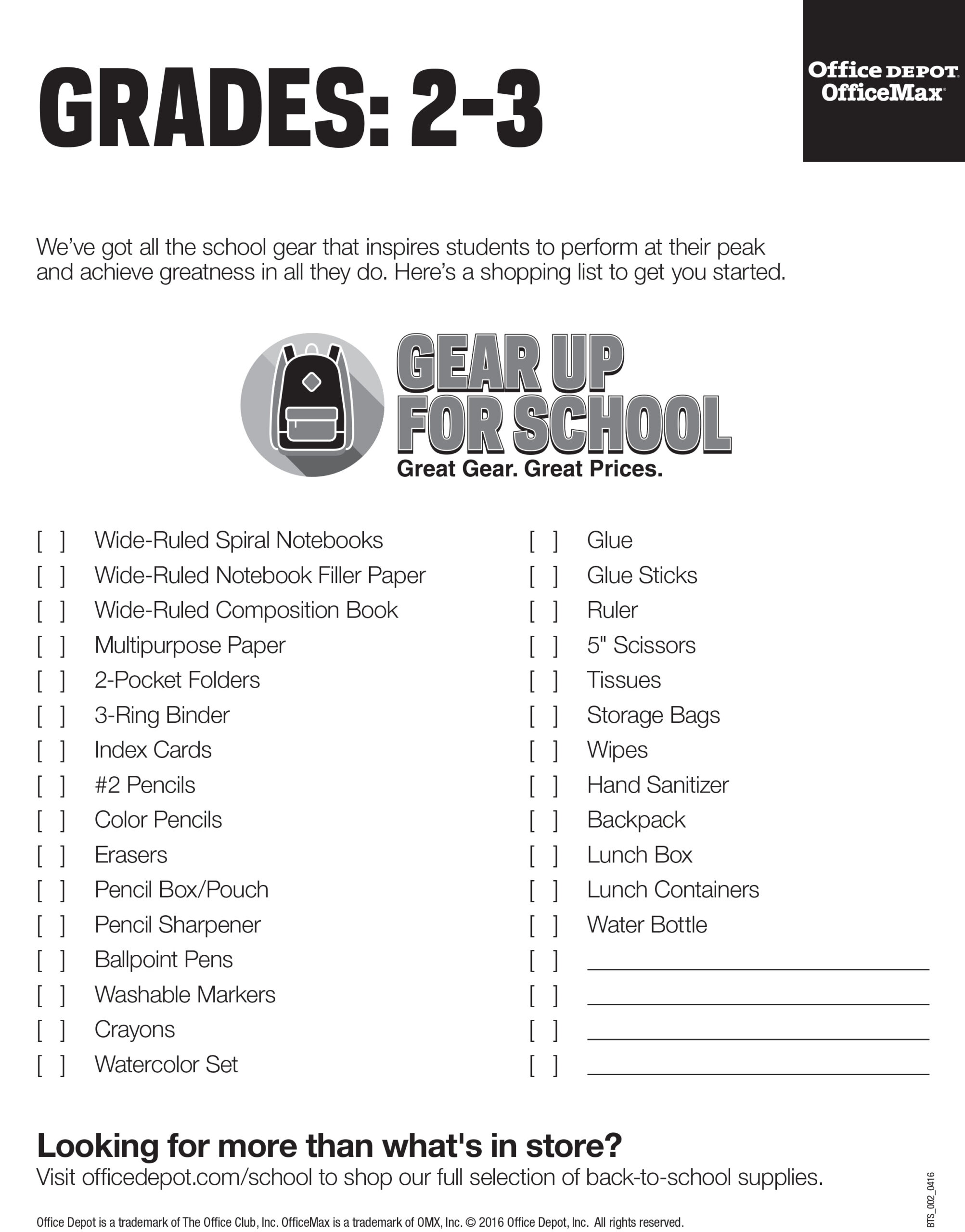 School Supply List Grades 2 3 With Office Depot Business Card Template