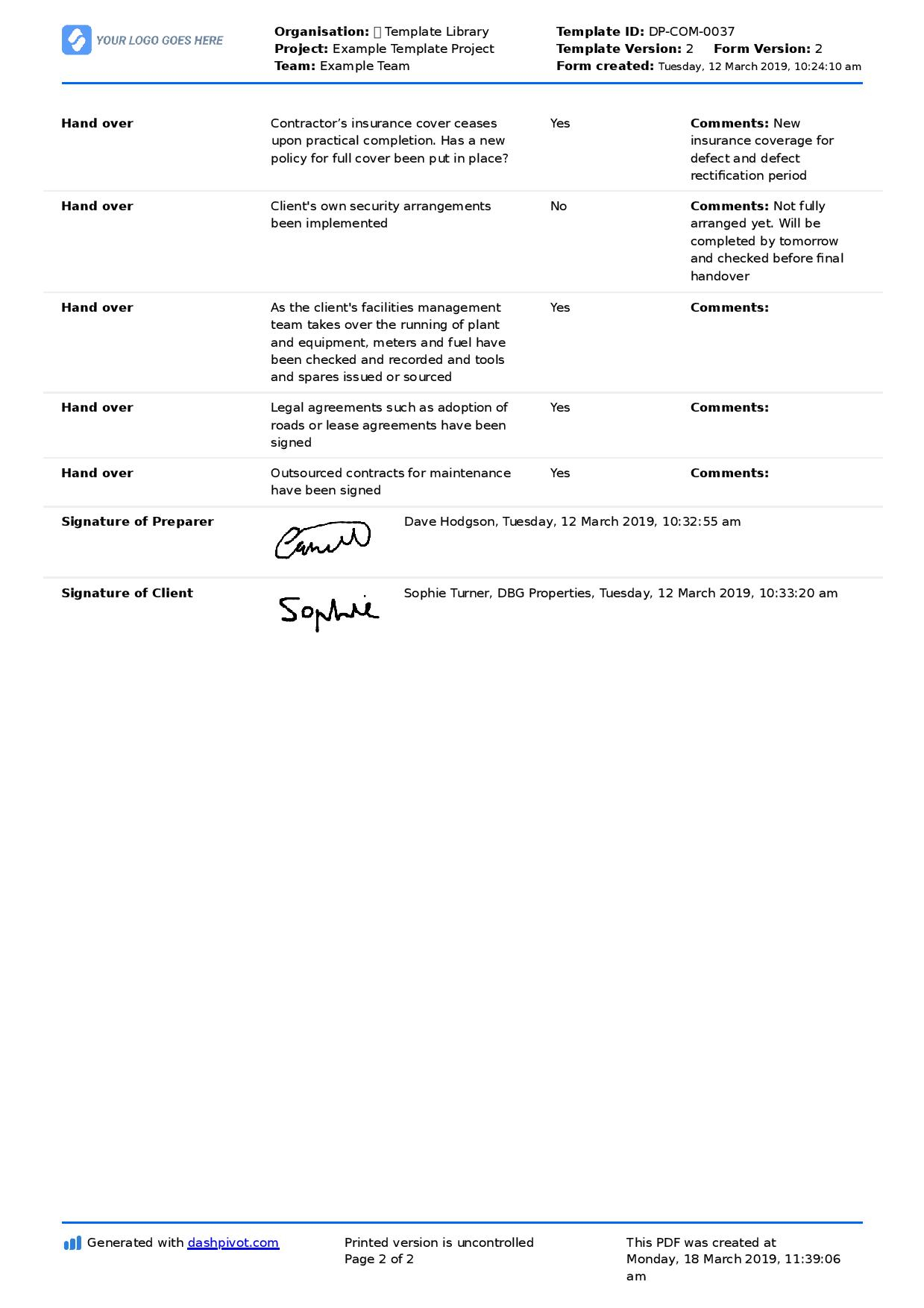 Site Handover Letter: Handover Letter To Client Or In Handing Over Notes Template