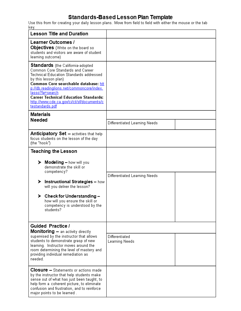 Standards Based Lesson Plan | Templates At In Learning Focused Lesson Plan Template