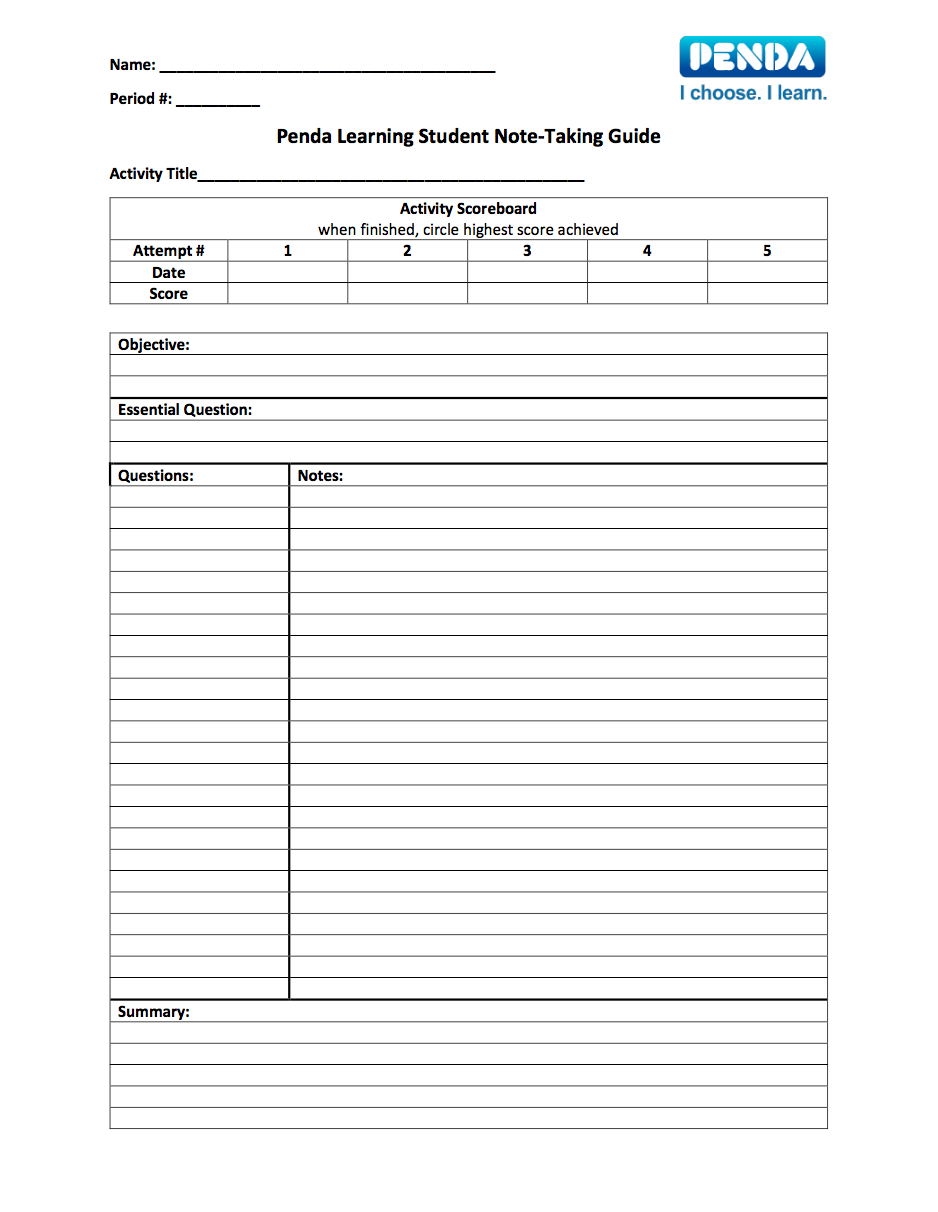 Student Note Taking Guide Templates – Penda Learning In Note Taking Template Pdf