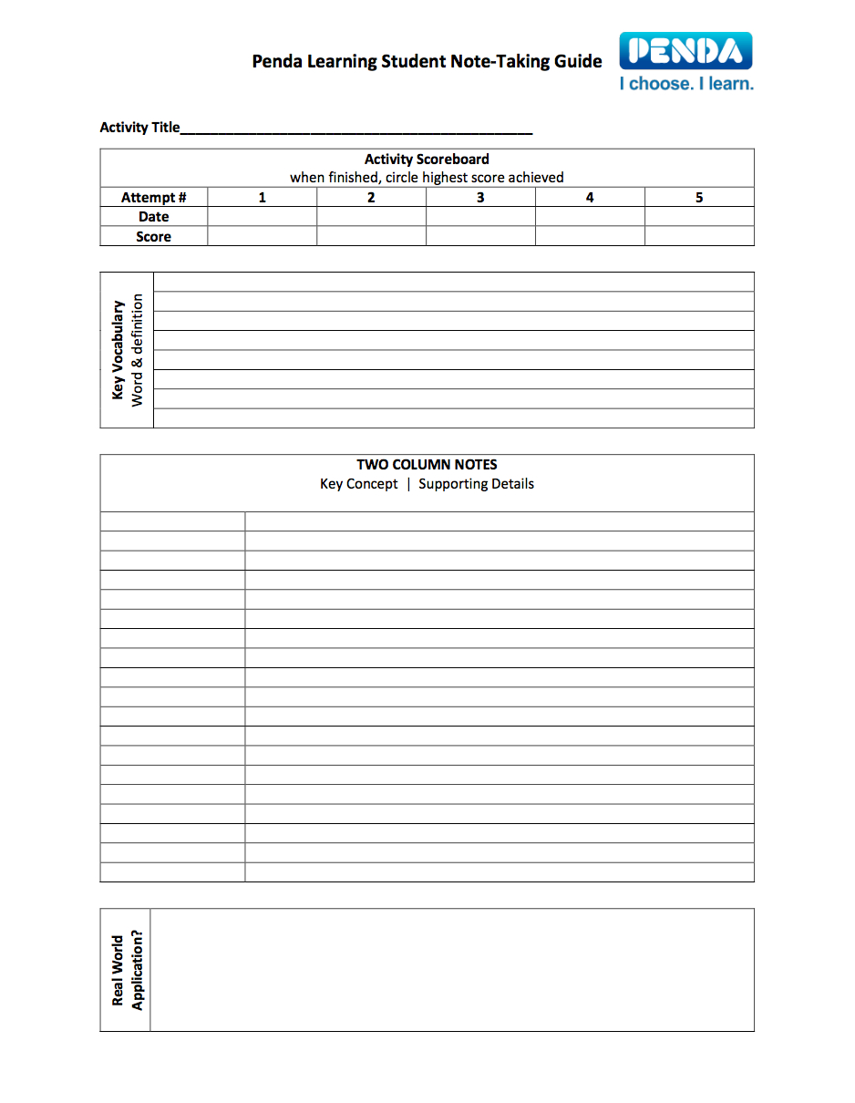 Student Note Taking Guide Templates – Penda Learning In Note Taking Word Template