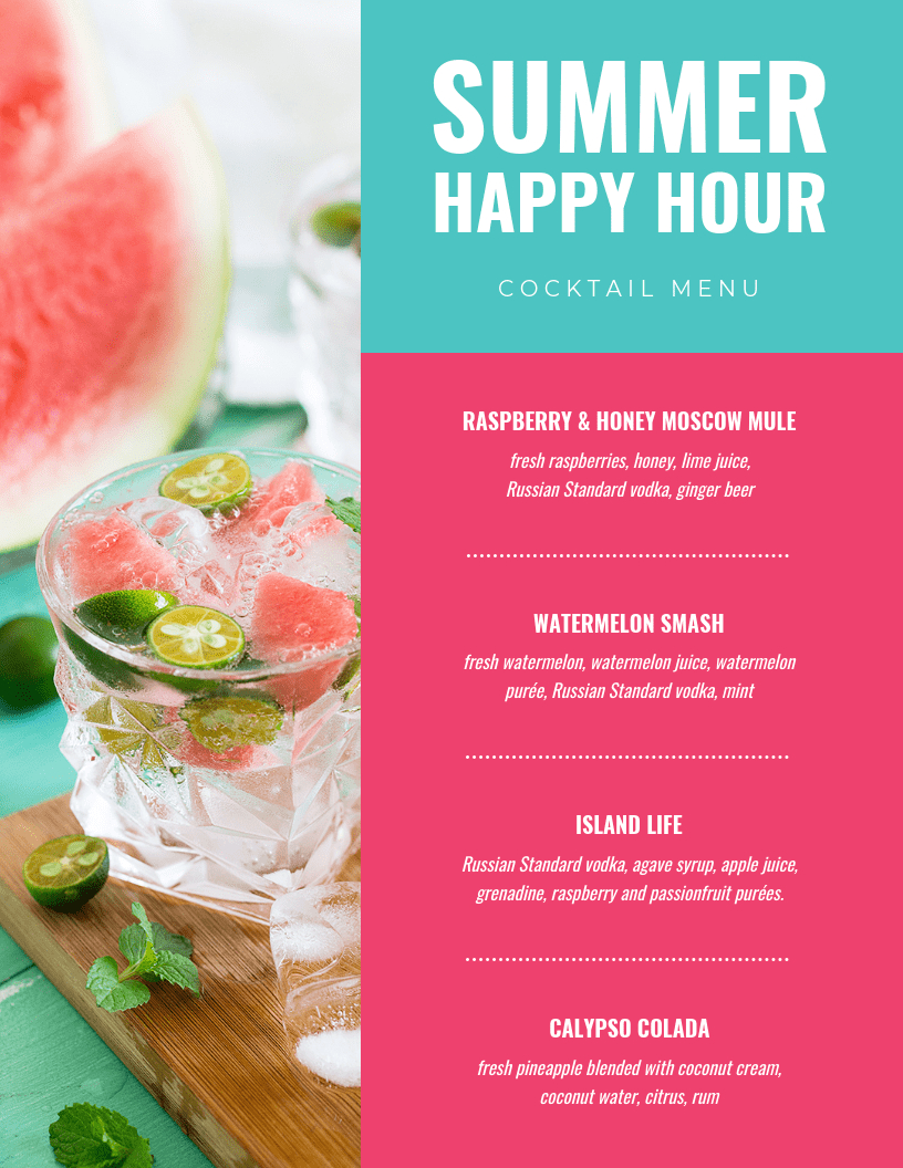 Summer Cocktail Menu Template Intended For Happy Hour Menu Template