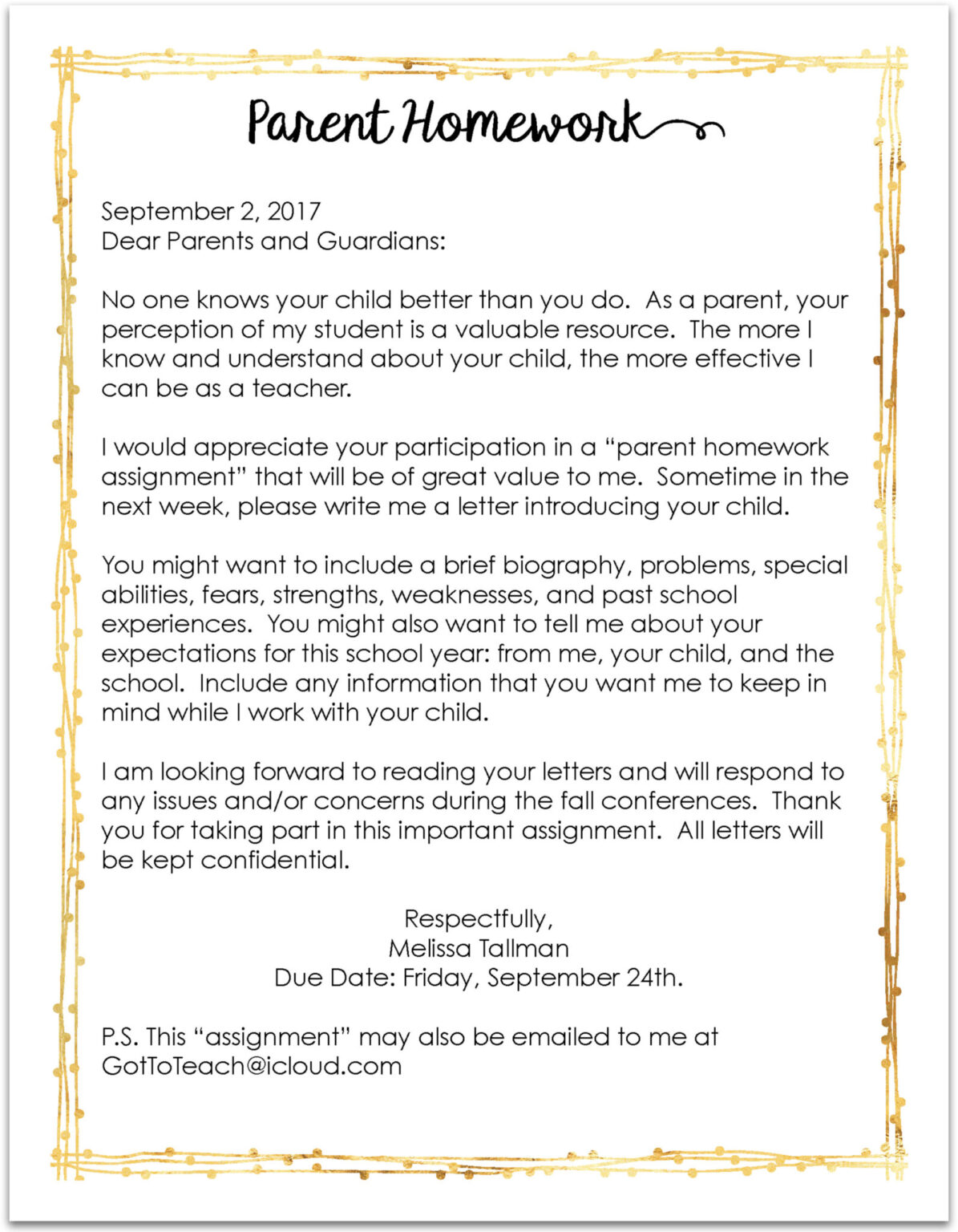Student Teacher Letter To Parents Template