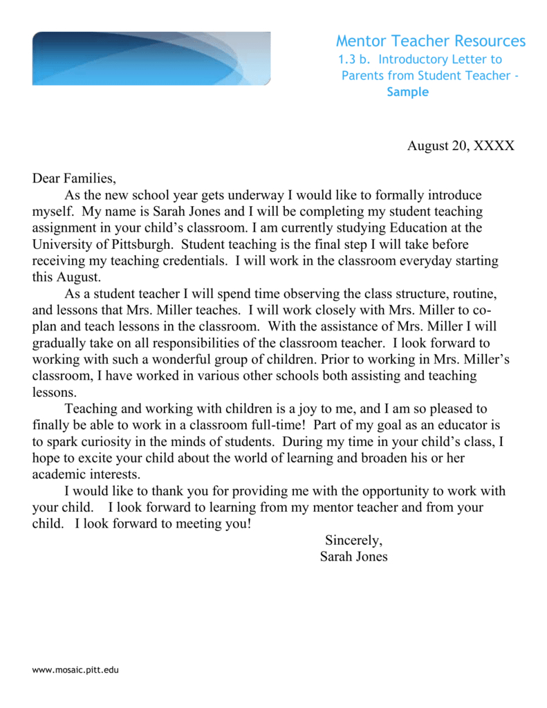 Template: Introductory Letter To Parents From Student Teacher Intended For Letter To Parents Template From Teachers