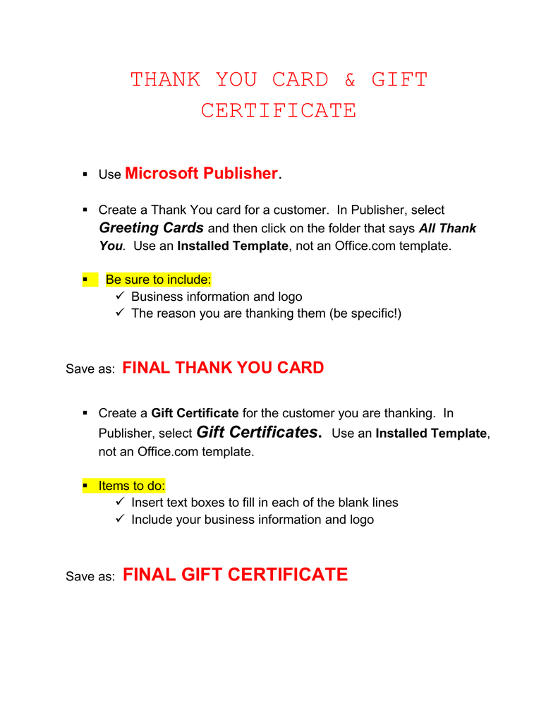 Thank You Card & Gift Certificate Microsoft Publisher . Regarding Gift Certificate Template Publisher