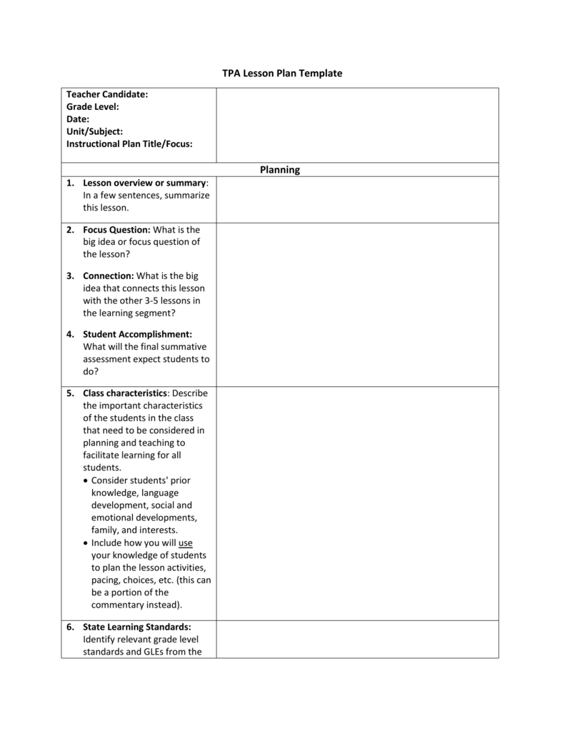Tpa Lesson Plan Template Pertaining To Learning Focused Lesson Plan Template