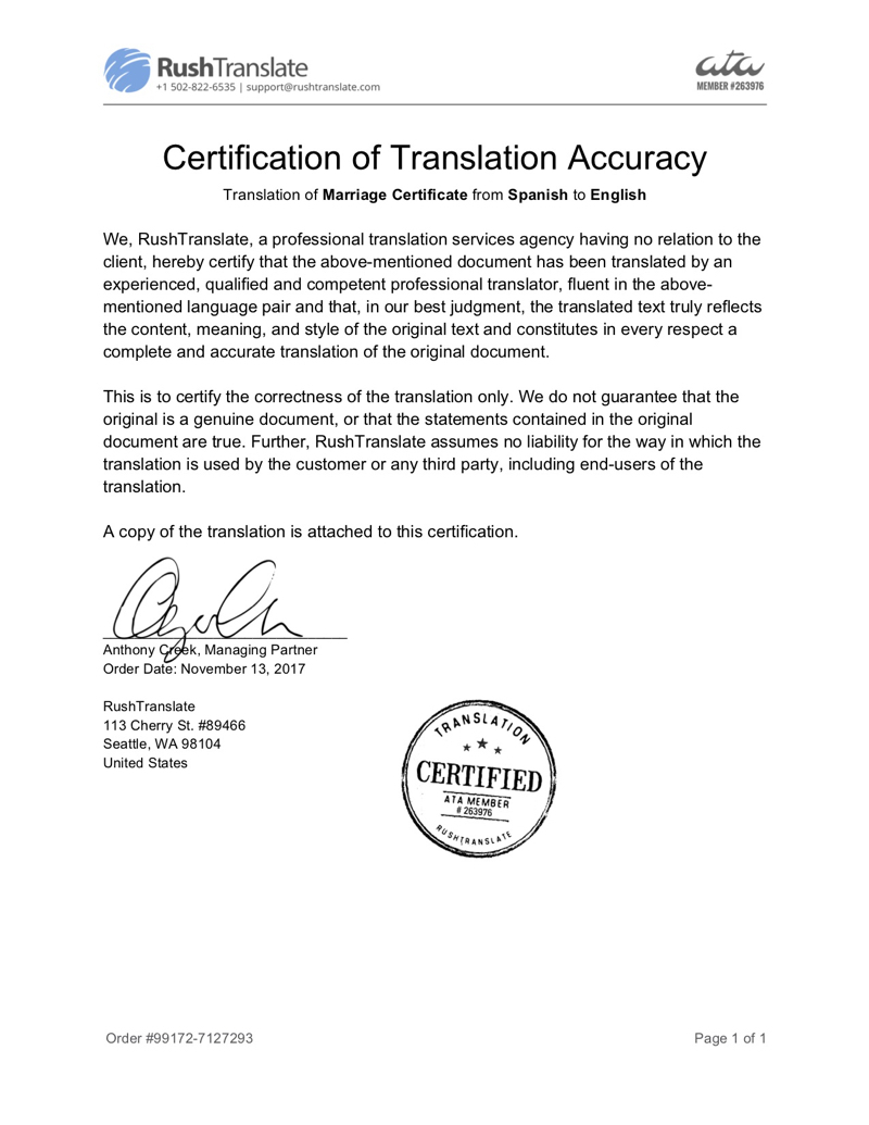 Translation Services For Marriage Certificate Translation Template