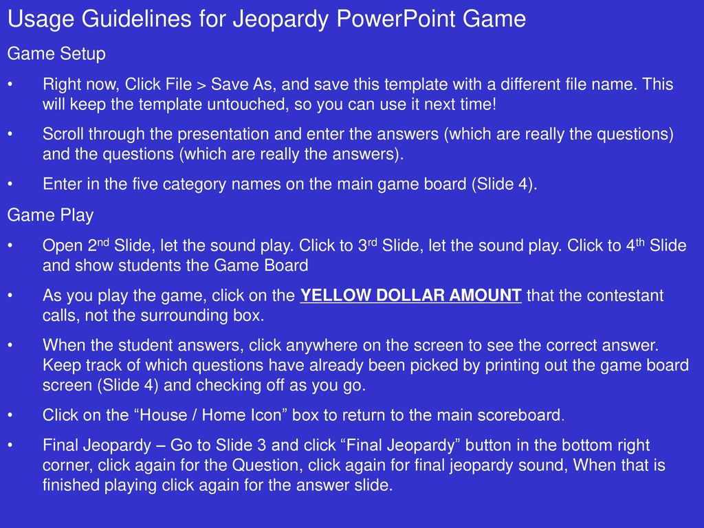 Usage Guidelines For Jeopardy Powerpoint Game – Ppt Download Regarding Jeopardy Powerpoint Template With Sound