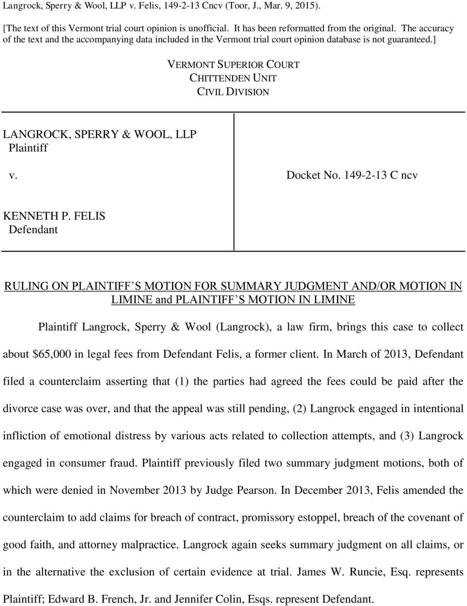 V. Docket No C Ncv Ruling On Plaintiff S Motion For Summary Pertaining To Motion In Limine Template