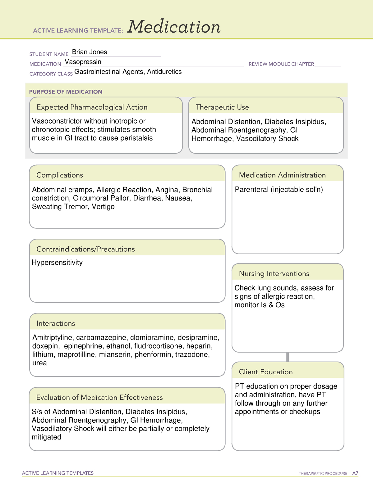 Vasopressin Med Card – Nr 291 Pharmacology I – Studocu Inside Medication Card Template