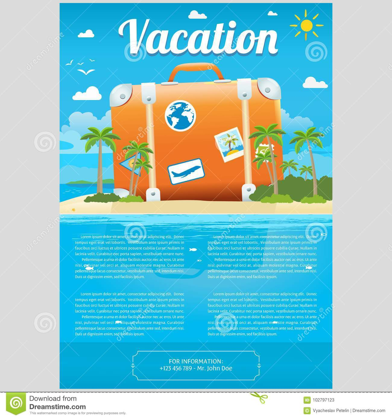 Vector Illustration Of Travel Suitcase On The Sea Island With Regard To Island Brochure Template