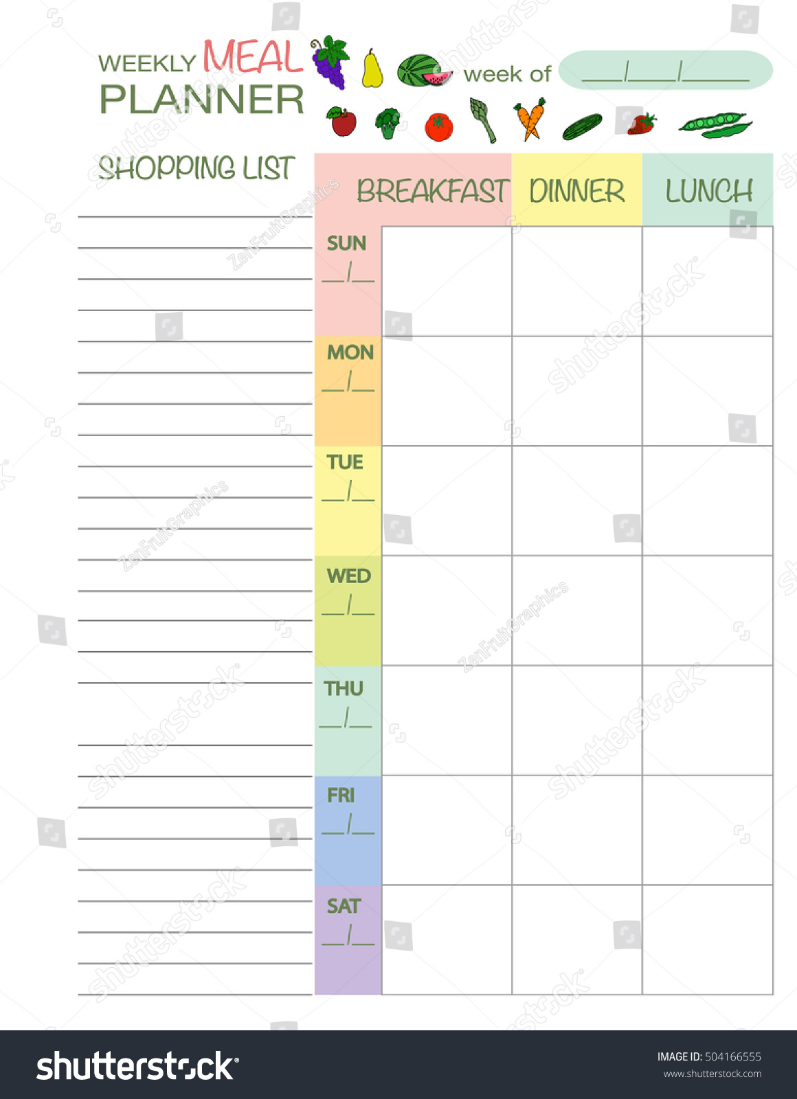 Weekly Menu Planner Template Meal Schedule Stock Vector Throughout Menu Schedule Template
