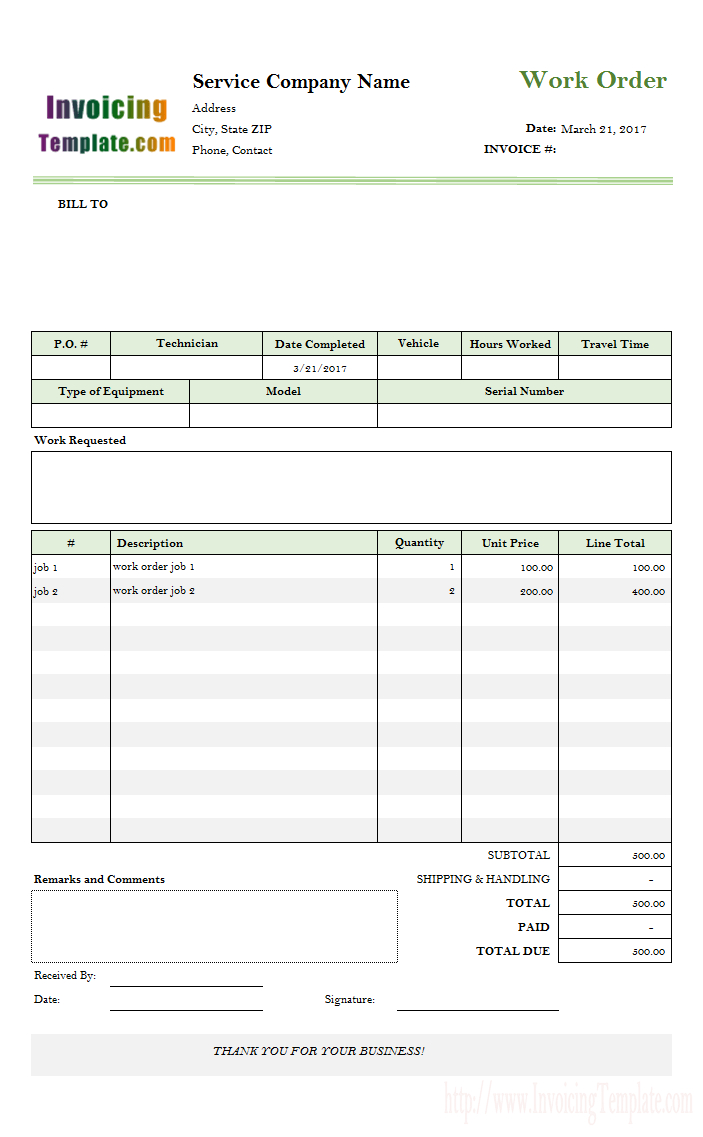 Work Order Invoice Template – Colona.rsd7 With Invoice Template For Work Done